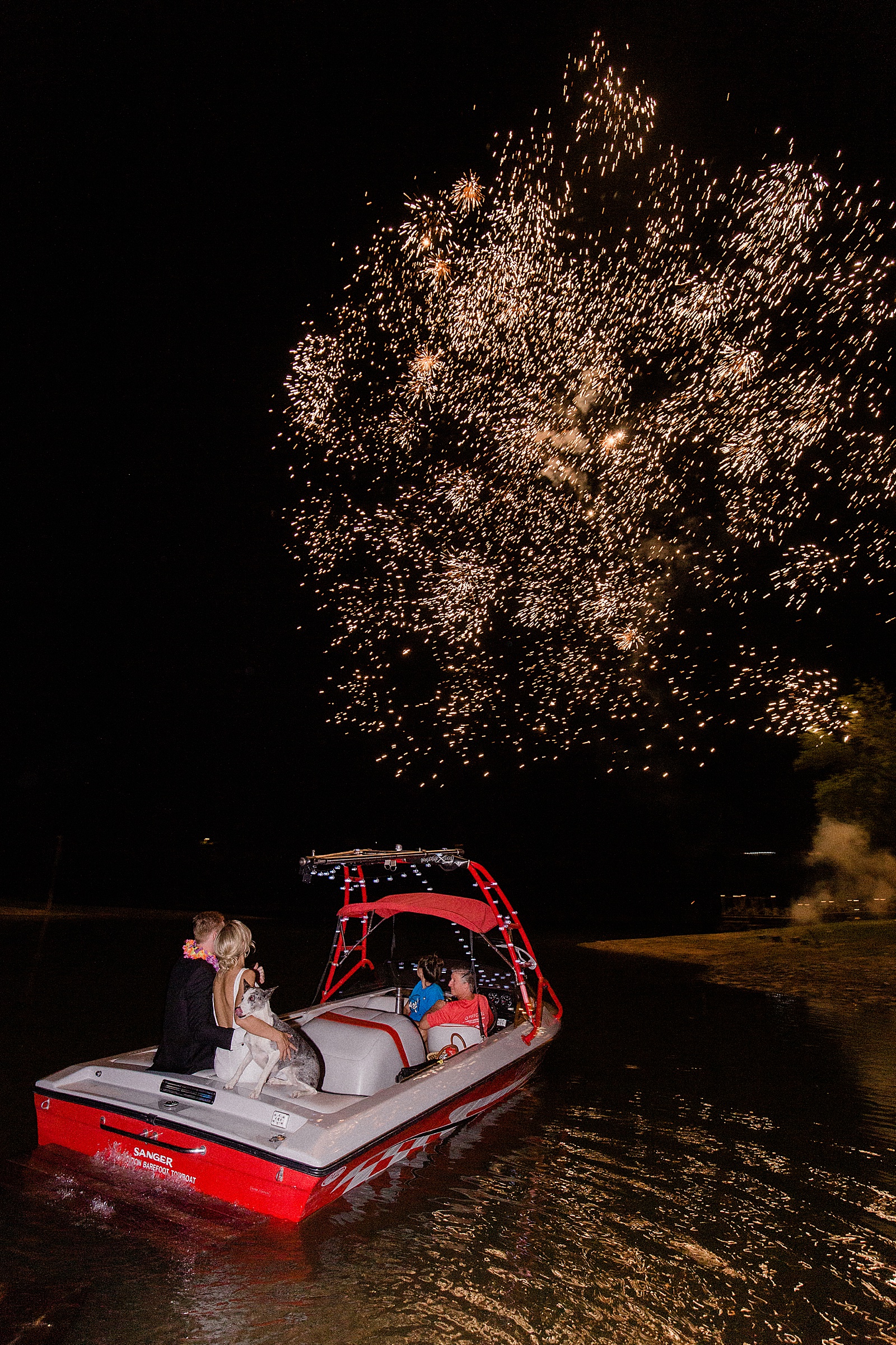 Fireworks over the lake, newlywed couple, Austin Lake Wedding, Texas, San Antonio Wedding Photographer
