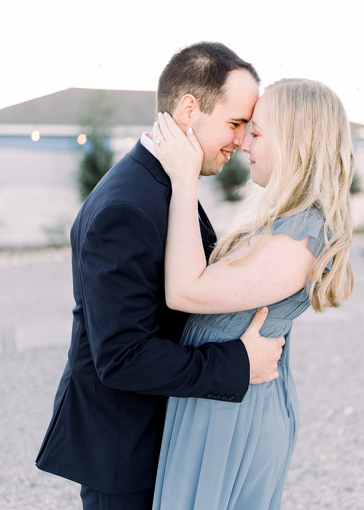 Engaged Couple in Austin, Texas, Blue Dress and Suit