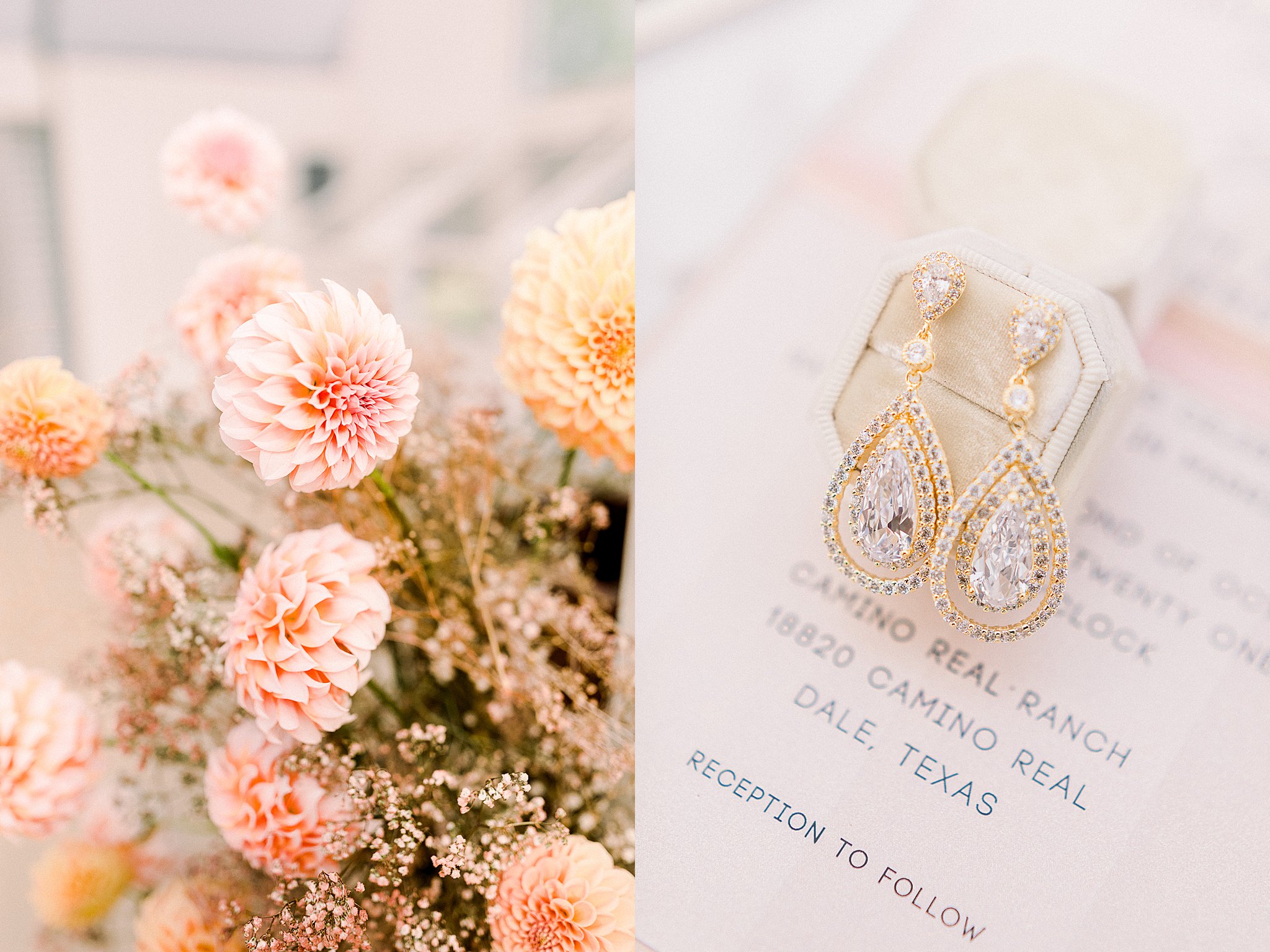 peach and pink dahlia florals, bridal diamond wedding earrings, Anna Kay Photography