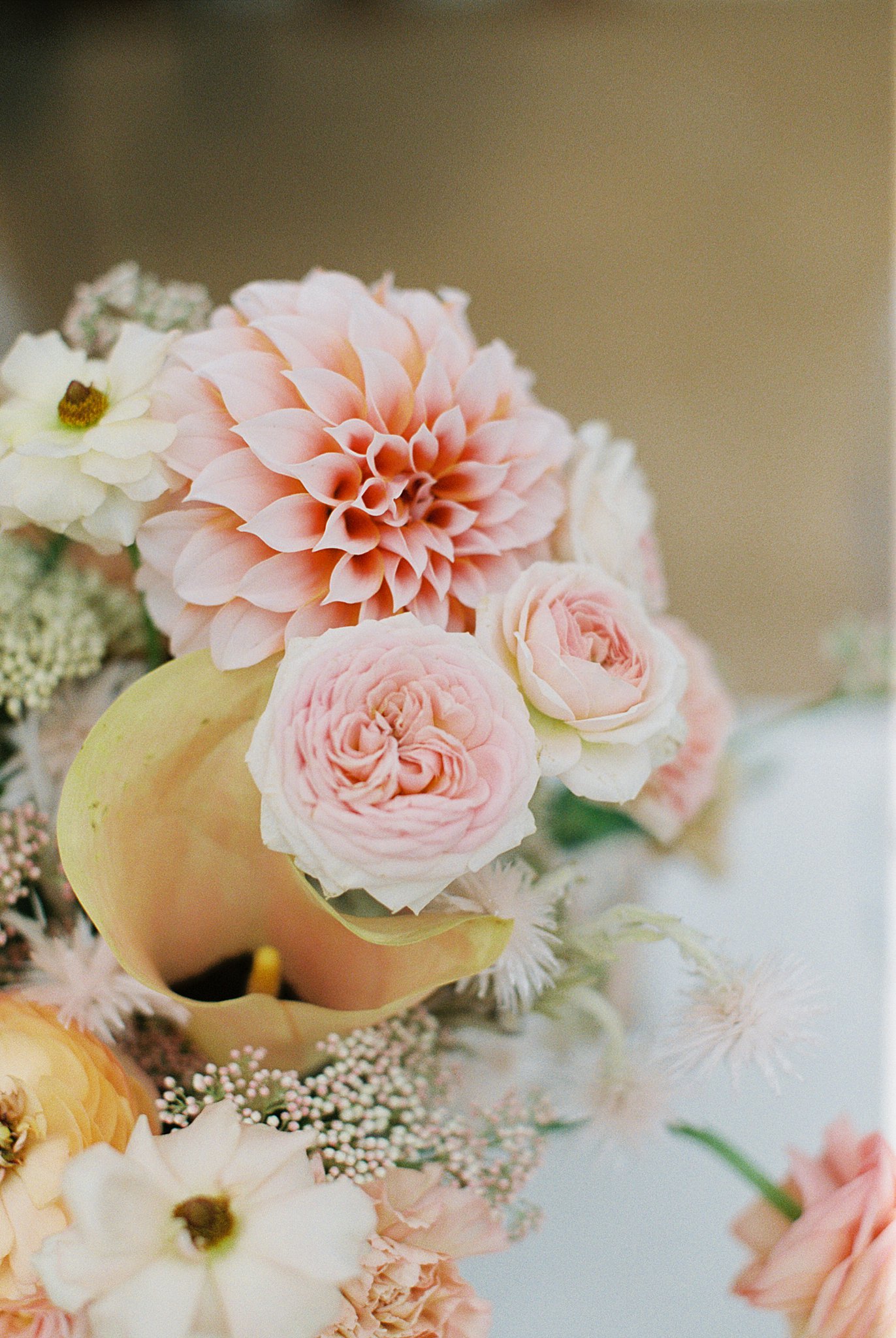 Romantic peach and white dahlia and rose wedding bouquet; AnnaKay Photography