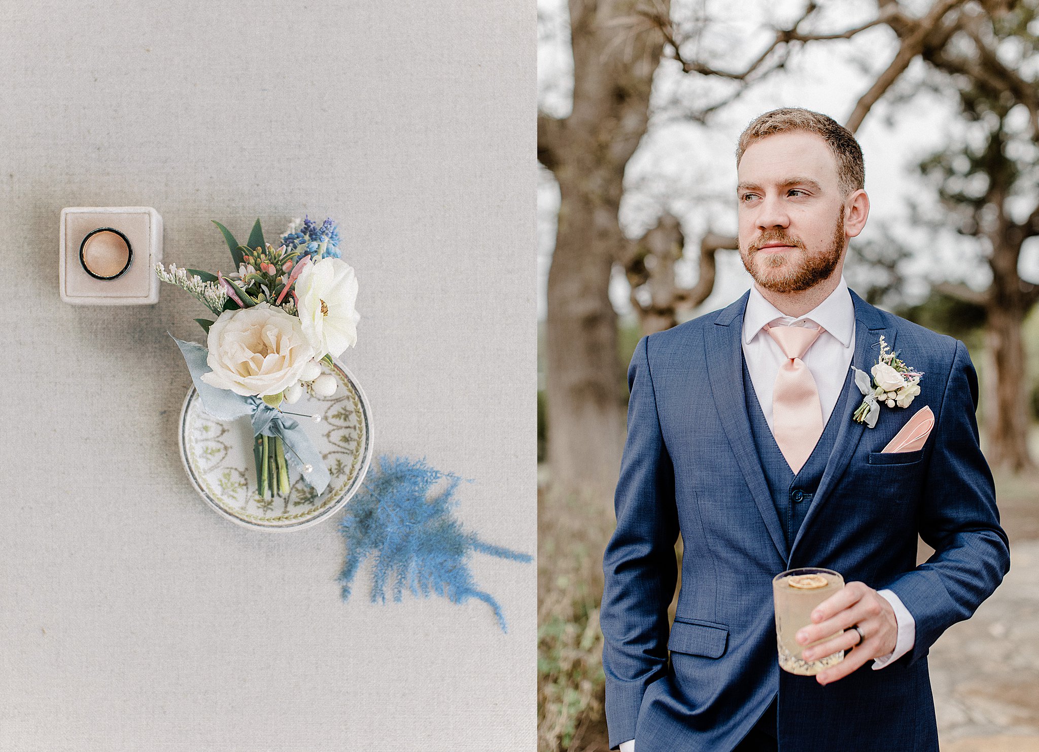 Groom in blue suit with blush silk tie and blue white corsage
