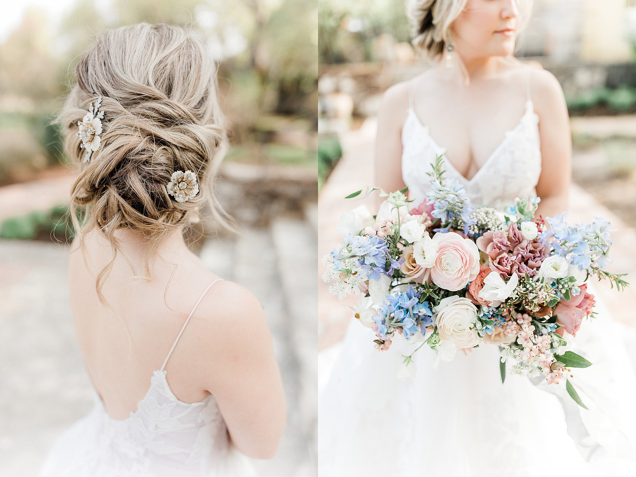 monique lhuillier bridal gown detail, bridal updo hairstyle with flower hair pins and blush, white and blue bouquet