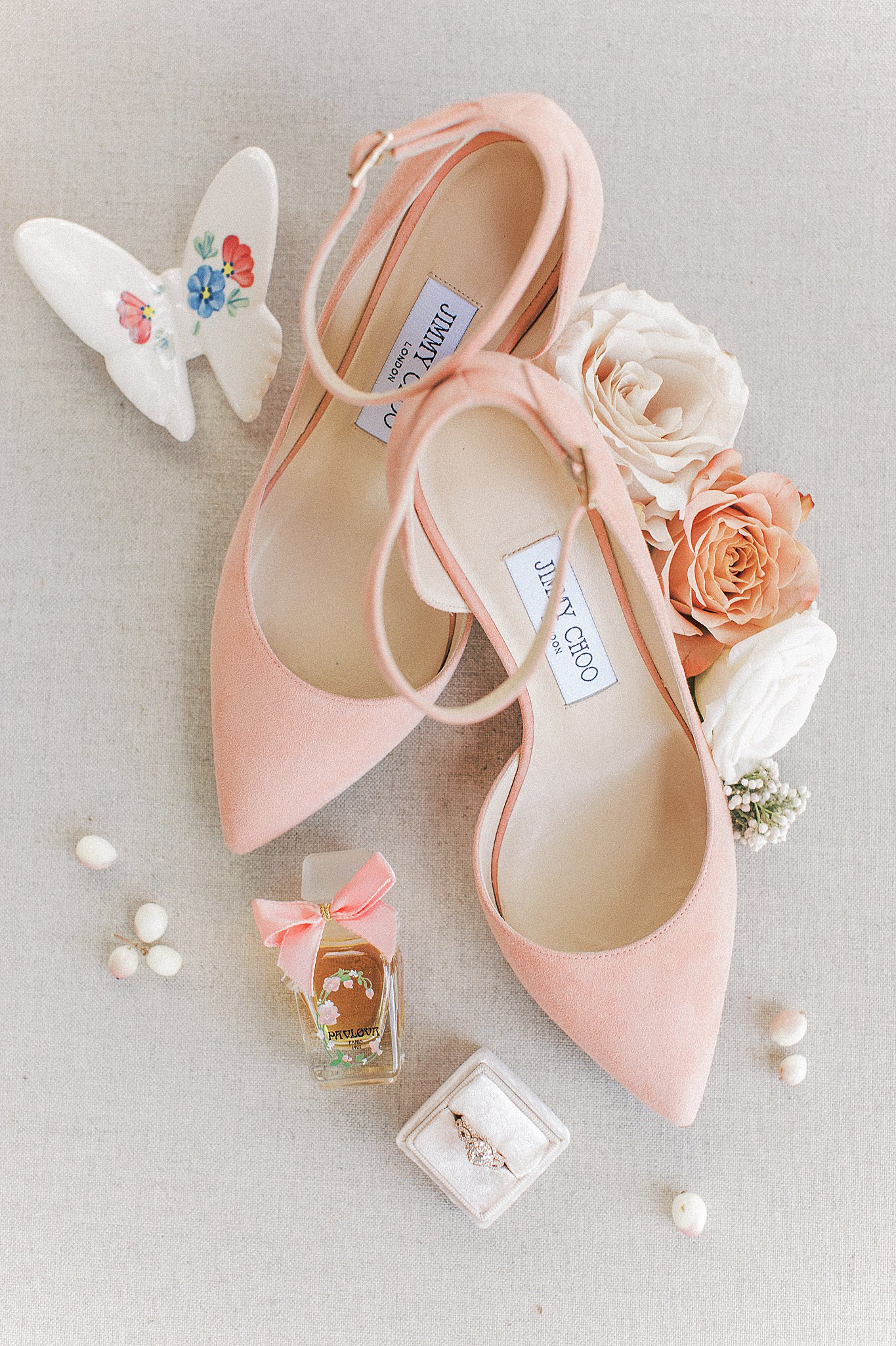 blush pink Jimmy Choo's, unique Wedding ring and bridal details captured by Anna Kay Photography