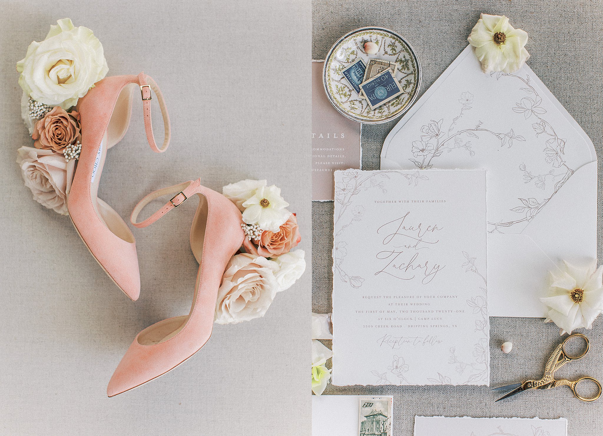 Bridal Jimmy Choo's with invitation to Camp Lucy Wedding, Austin Wedding photography