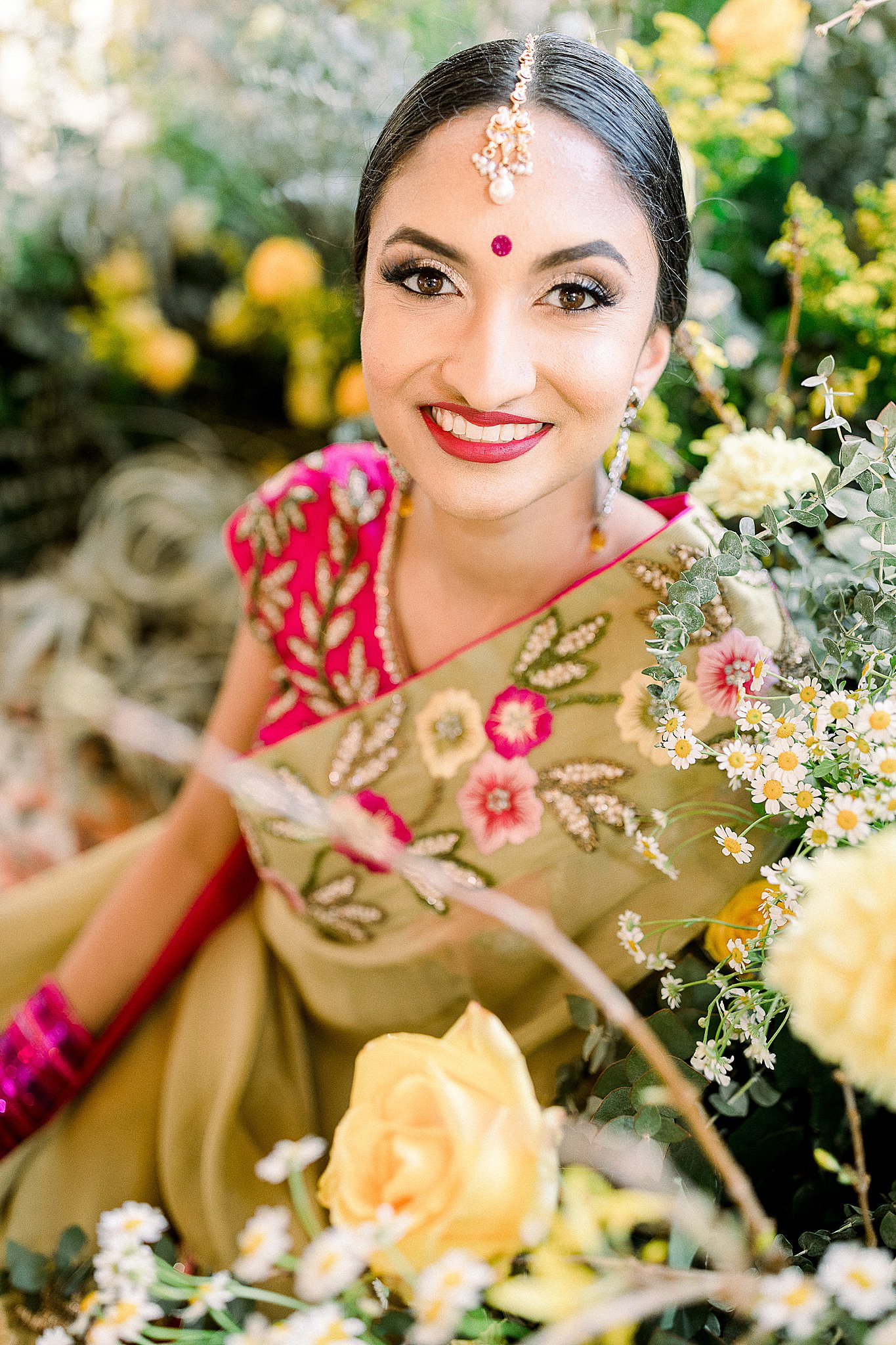 Smiling bride pink and green flower embroidered lehenga, Indian bridal fashion, Texas wedding photographer, Anna Kay Photography