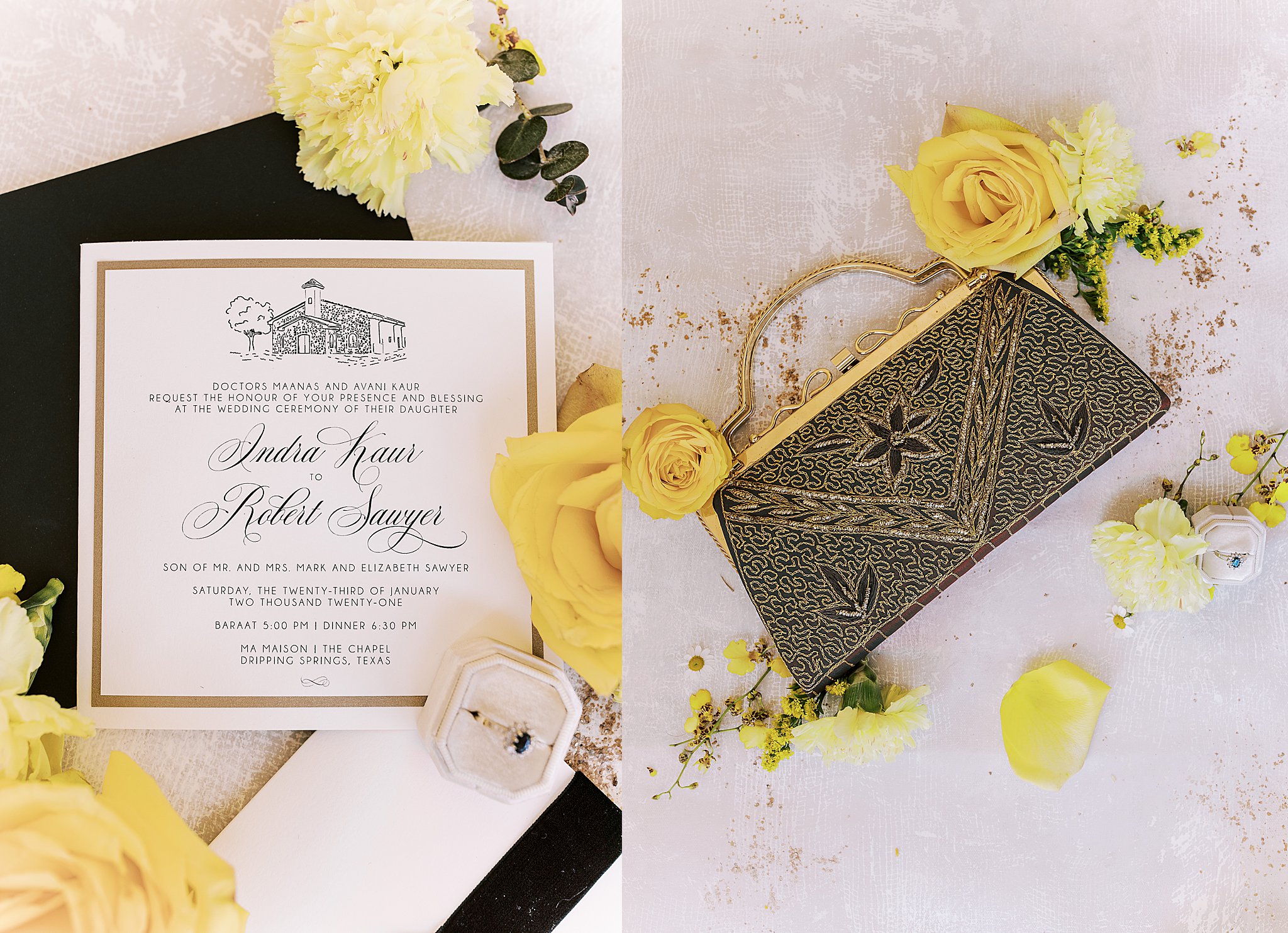 Gold beaded clutch and yellow rose detail and elegant wedding invitation