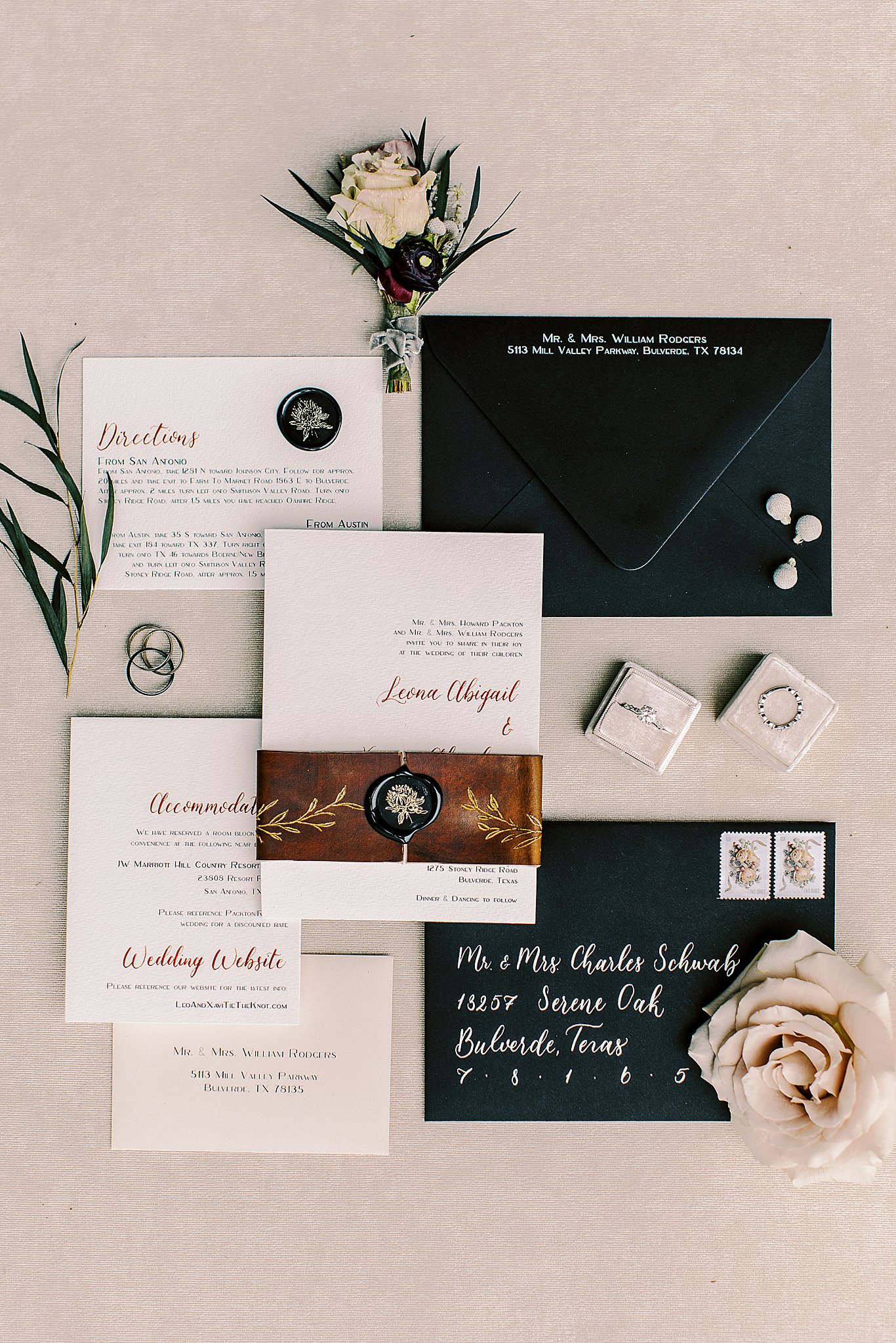 bulverde texas, oakfire ridge wedding reception invitation with leather and wax detailing