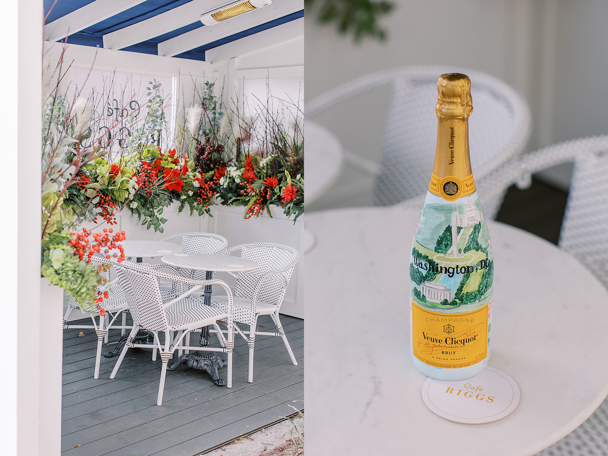Riggs Cafe outdoor patio seating and custom painted Veuve Clicquot champagne bottle